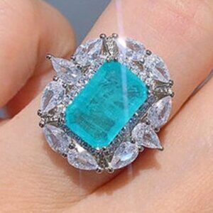 🍂  925 Silver Classic Square Blue Emerald Cut CZ Women Ring, FB16FA1065